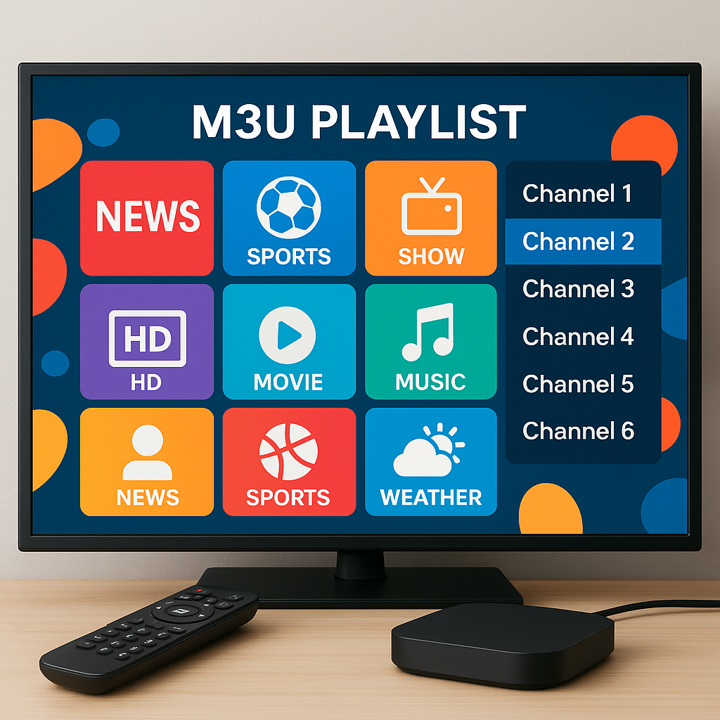 Live TV M3U playlists interface on a digital screen