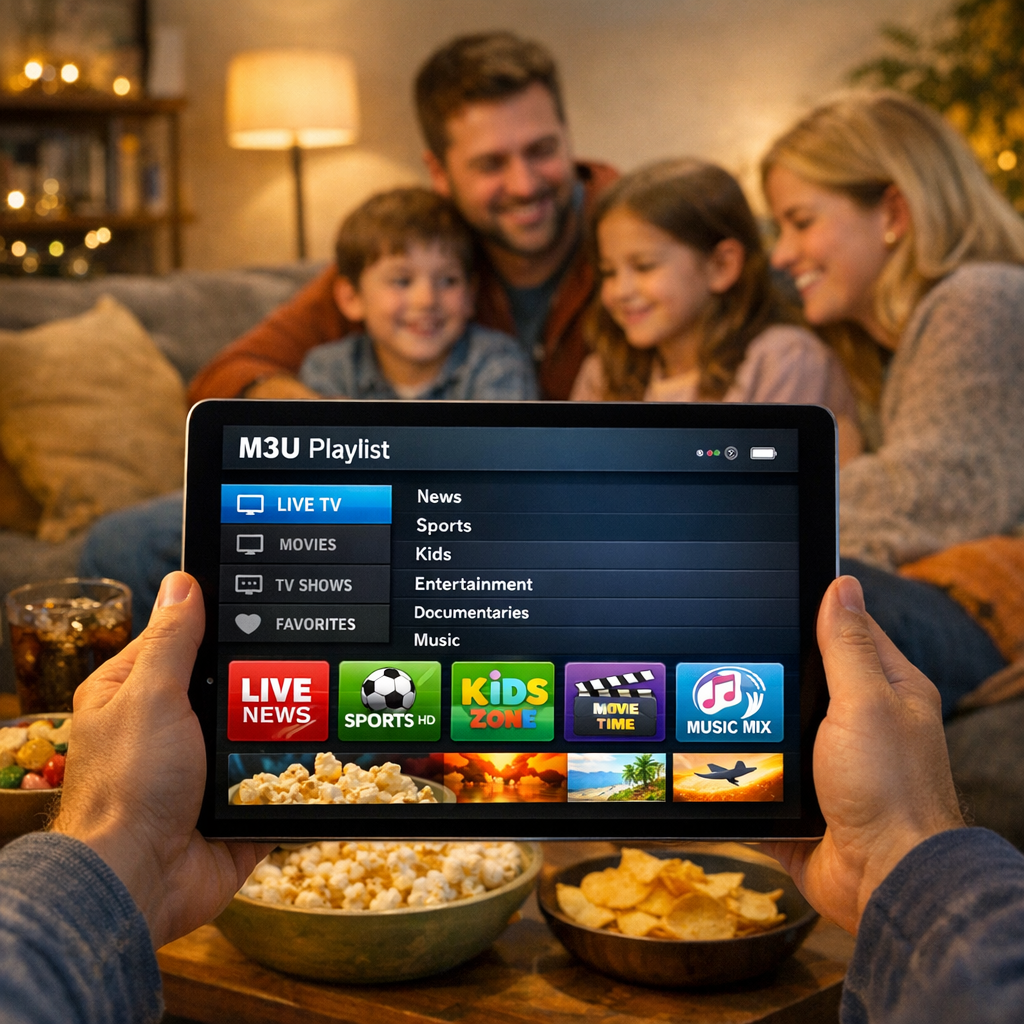 live TV playlists interface on a tablet