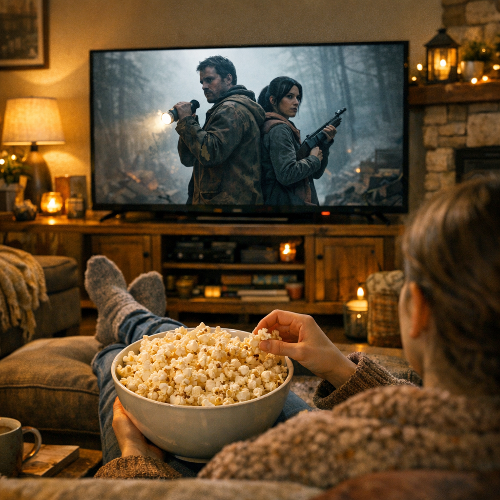 person enjoying episodic TV series in a cozy living room