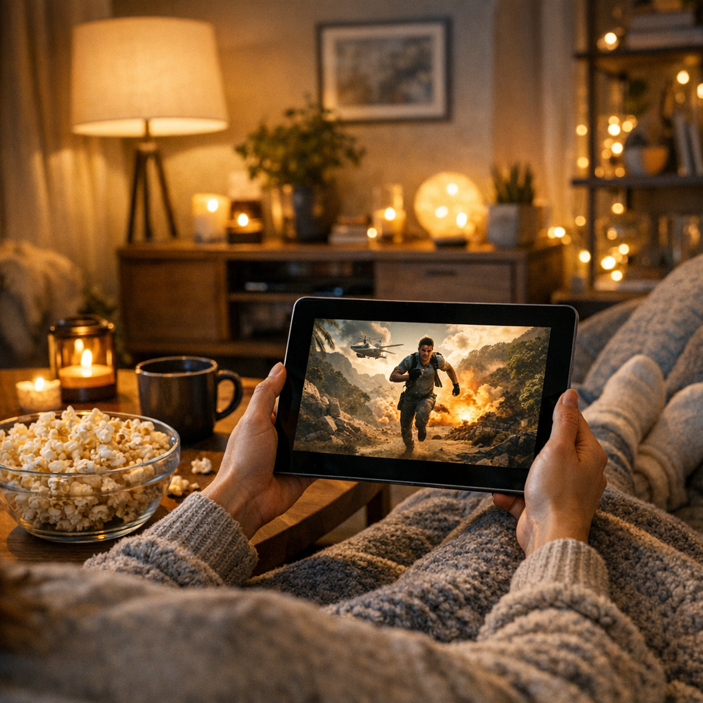 VOD movies being watched on a tablet in a cozy setting