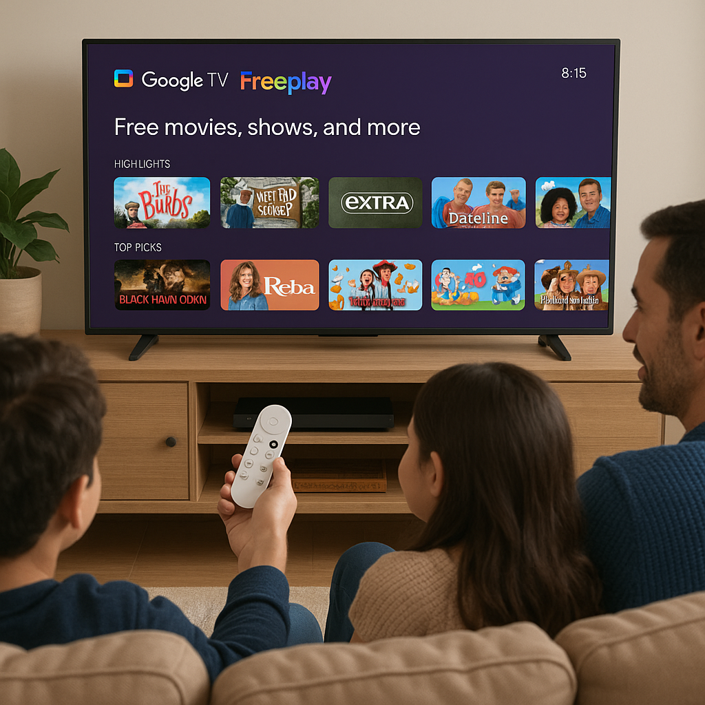 User enjoying Google TV Freeplay in a cozy living room
