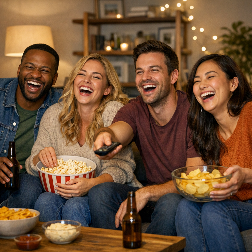 friends enjoying an episodic TV series together