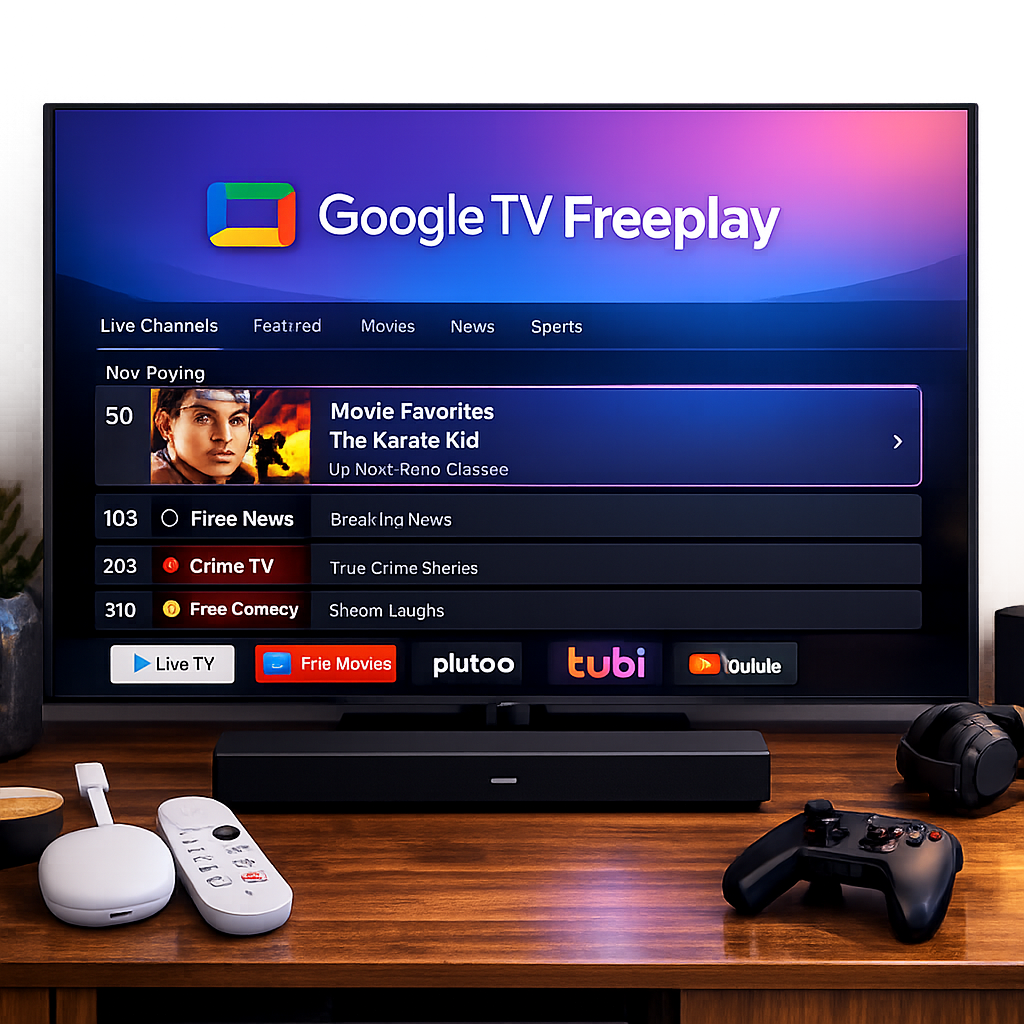 Google TV Freeplay logo on a TV screen